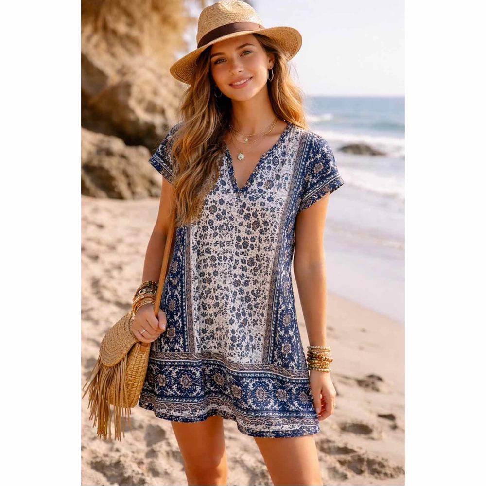 Lola Australia Cotton Floral Block Print Mini Dress Boho Summer Beachy Vacation